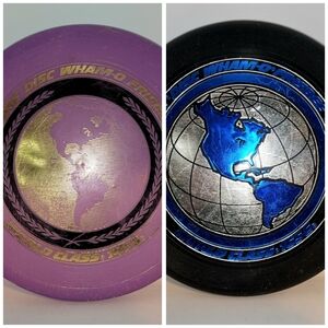 pair of Vintage 80s Wham-O frisbee ... Black/Blue and Lavendar
